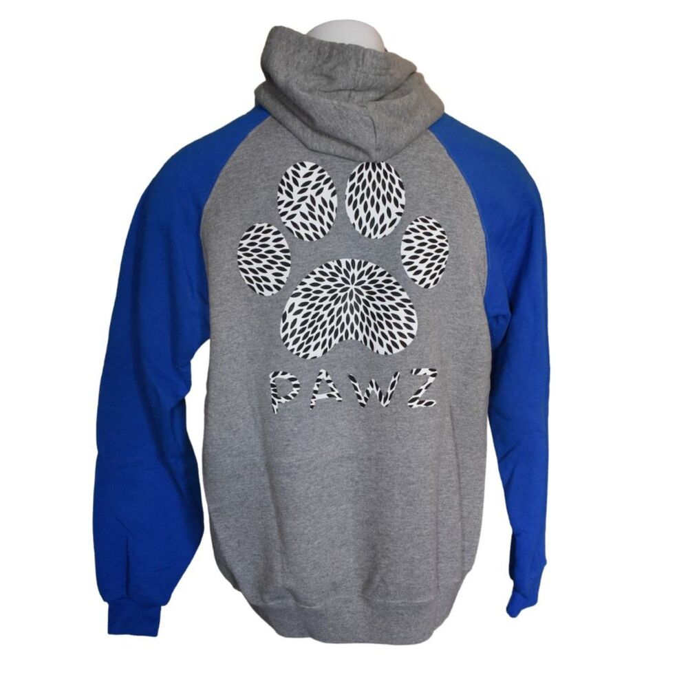 PAWS Raglan Hoodie Big Logo Gray Blue Dog Rescue Paw Print Unisex Large